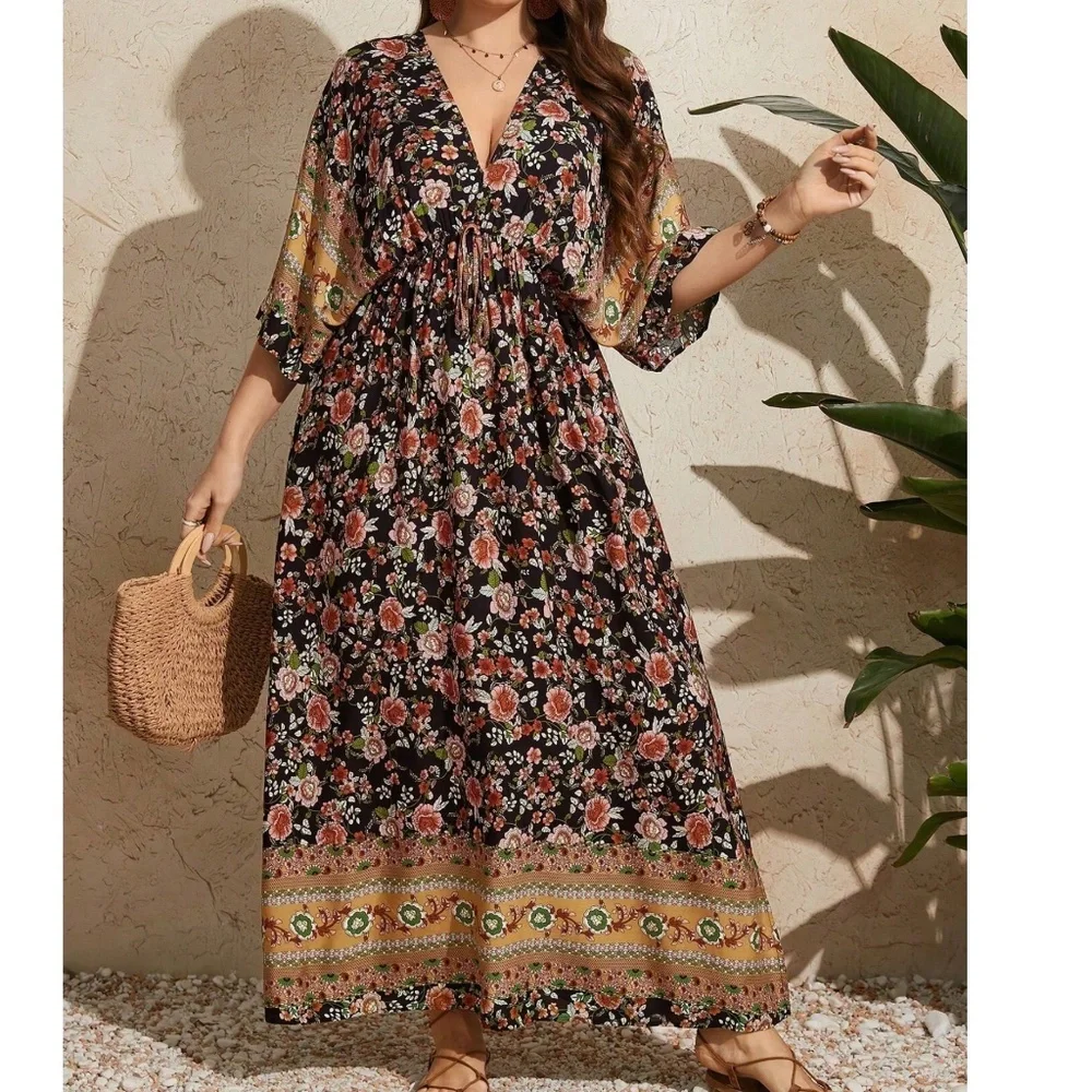 COPY - Boho Floral Print V neck Kimono Sleeve Maxi Dress